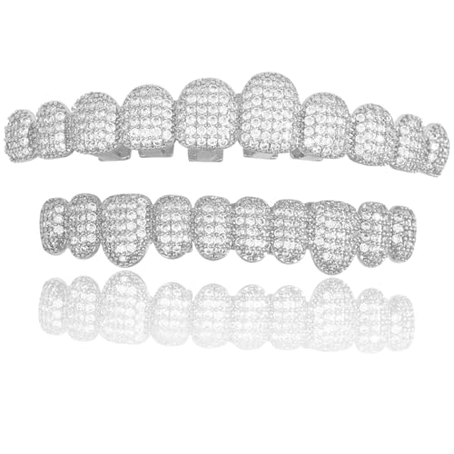 AINTTBY Grillz Hip-Hop 18K Gold Teeth Grillz Grills Inlaid with shiny zircon Rap Accessory Teeth Braces personality Halloween＆Christmas Wear - Comes With Tweezer & Dental Wax (Shining Silver)