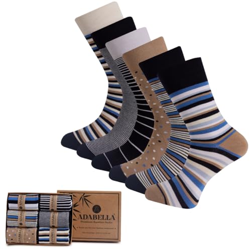 Adabella Mens Dress Socks, Patterned Premium Rayon Bamboo Socks 6 Pairs Gift Box - Seamless Thin Formal & Casual Size 8-12 (Rayon, Shades of Brown)