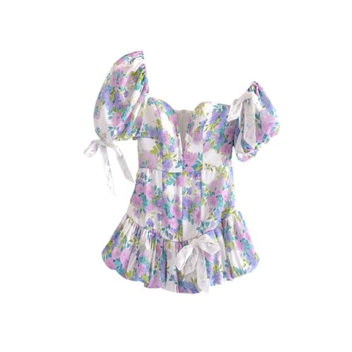 Generic Summer Female Sweet Floral Print Asymmetric Puff Sleeve Dress New Women Sexy Party Mini Dress Elegant Ladies Short Chic Dress, Small