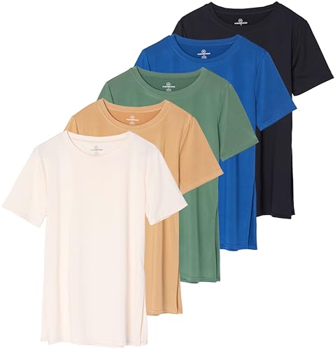 Real Essentials 5 Pack: Women's Short Sleeve Active Workout T-Shirts - Dry Fit Gym Tops with Split Hem Mulitcolored Pack, Plus Size, Set 4, 3X