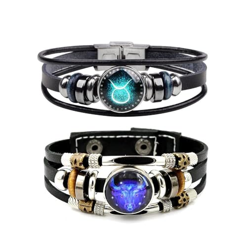 2Pcs Multilayer Constellation Zodiac Leather Bracelet Handmade Woven Zodiac Sign Wrap Wristband Bracelet Jewelry for Women Men (Taurus1)