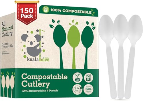100% Compostable Spoons - (7 in.) 150 Large Biodegradable Spoon Disposable Eco Friendly Spoon Durable and Heat Resistant Alternative to Plastic Spoons with Convenient Tray, By