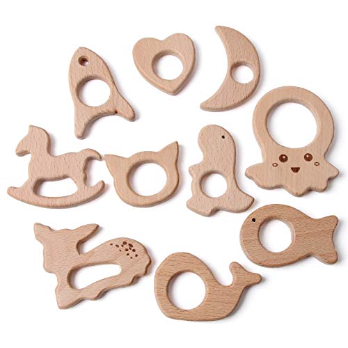 Baby Organic Wood Teether Set DIY Rattle Ring for Infant Gum Relief Grasping Toy Jewelry Holder, Rocket Heart Moon Jellyfish Hobbyhorse Bear Dinosaur Fish Deer Whale