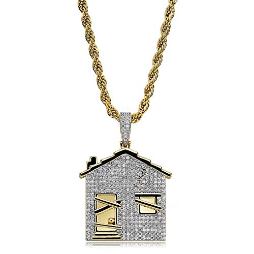JINAO Hip Hop Iced Out Trap House Pendant 14k Gold Plated Simulated Diamond Necklace with Rope Chain for Men