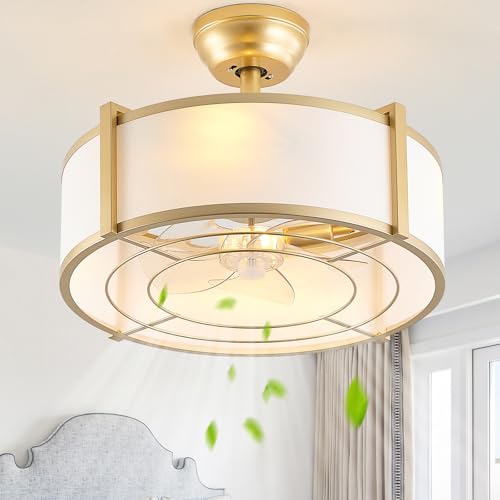 SYDACG 20" Caged Ceiling Fans with Lights, Gold Fandelier Ceiling Fan with Light, Boho Chandelier Fan Remote Control, 6 Speeds for Bedroom, Nursery, Living Room