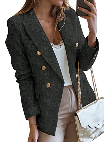 Happy Sailed Fashion Double Breasted Tweed Blazers for Women 2025 Slim Fitted Professional Lapel Collar Office Blazer Jackets Fall Long Sleeve Open Front Business Suits for Work Black Medium