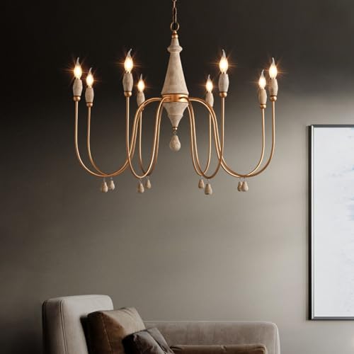 LOVEDIMA 38.2" French Country Chandelier, Modern Farmhouse 8-Light Candle-Style Chandeliers Wood Pendant Light Fixture for Dining Room Living Room