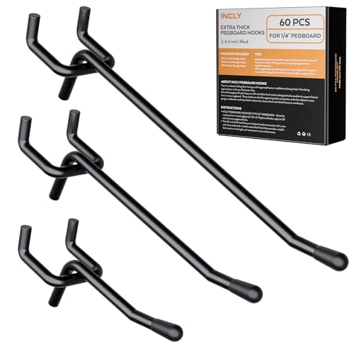 INCLY 60 Pack 2/4/6 Inch Black Pegboard Hooks, 1/4" Heavy Duty Peg Board Shelving Hooks Accessories, Peg Board Tool Hangers Fit for 1/4" Pegboard Hanging Tools Garage, Craft Organizing, Kitchen, Store