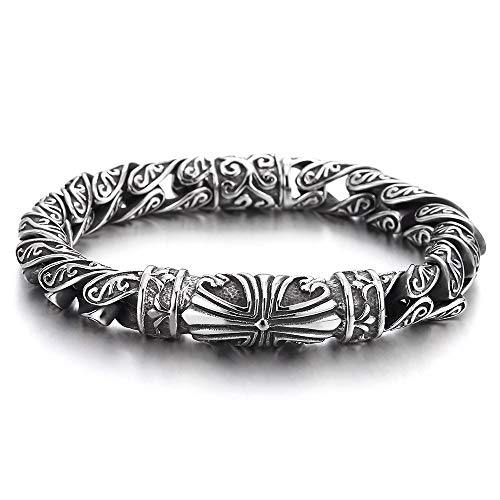 COOLSTEELANDBEYOND 8.7 Inches Retro Style Tribal, Mens Steel Cross Charm Vintage Link Chain Bracelet Spring Clasp