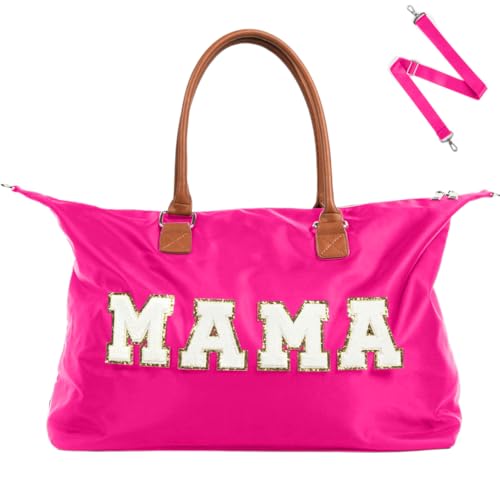 Mommy Bag for Hospital - Nylon Travel Tote Bag for Mom w/Leather Handles, Detachable Strap, Laptop Sleeve, & More - Mama Bag for Hospital w/Chenille Lettering - Labor Bag Essentials for Mom