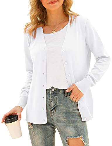 VIISHOW Women's V-Neck Button Down Knitwear Long Sleeve Soft Basic Knit Cardigan Sweater, Pure White, Medium