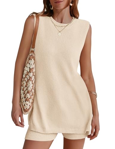 NENONA Women's Summer Sleeveless Sweater Lounge Sets Casual Knit Tunic Tops and Shorts 2 Piece Vacation Outfits,Beige,S