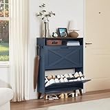 Joaxswe Shoe Storage Cabinet with 2 Flip Drawers, Farmhouse Shoes Organizer for Entryway, Narrow Hidden Shoe Rack with Wood Legs & Open Storage, Free Standing Shoe Closet for Foyer, Hallway, Navy Blue