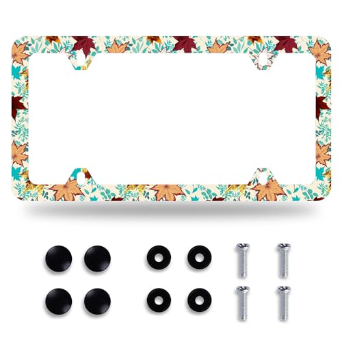 Maple Leaves License Plate Frame Colorful License Plate Frames Stainless Steel Accessories Cars Decor with 4 Holes and Screws Fits Standard US CA Vehicles Size 12.2 x 6 Inches
