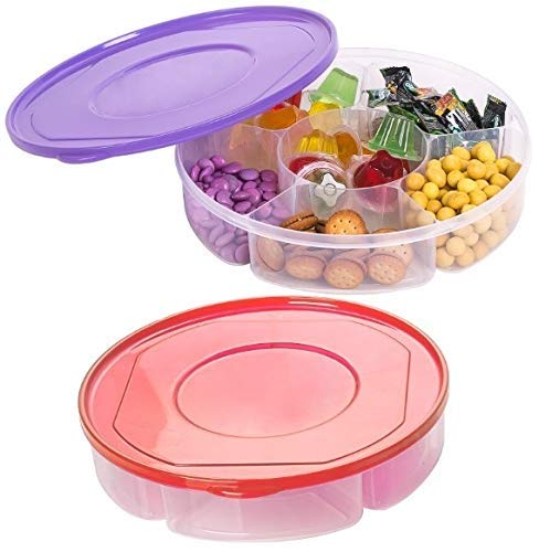 Zilpoo 2 Pack - Candy and Nut Serving Container, Appetizer Tray with Lid, 6 Compartment Round Plastic Food Storage Lunch Organizer, Divided Christmas Keto Snack Plate, Dish Platter w/Cover, 10-Inch