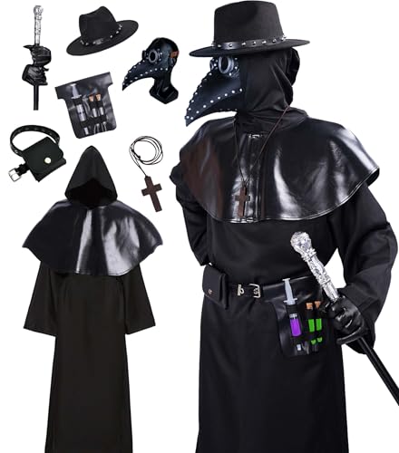 Plague Doctor Renaissance Medieval Priest Halloween Cosplay Costume with Hat, Mask, Robe, Gloves, and Cane (Medium)
