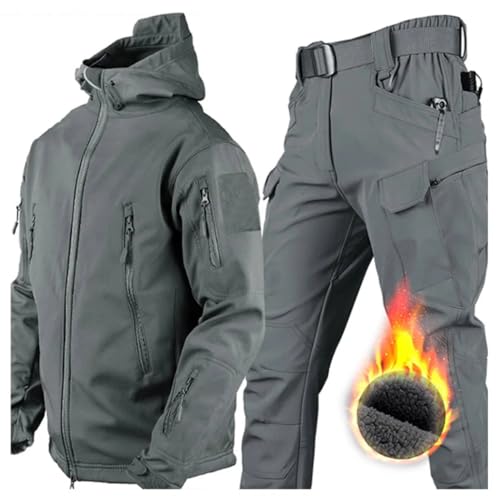 LANGWEI Men Hunting Clothes Suit Winter Fleece Softshell Coats Pants Outdoor Waterproof Windbreaker Camo Tactical Jackets,Gray,XL