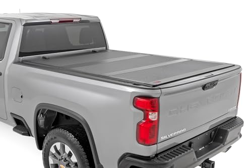 Rough Country Hard Flip Up Truck Bed Tonneau Cover for Chevy Silverado and GMC Sierra 2500HD/3500HD (2020-2025) - Fits 6'9 Bed, All-Weather, Tri-Fold Aluminum Panels