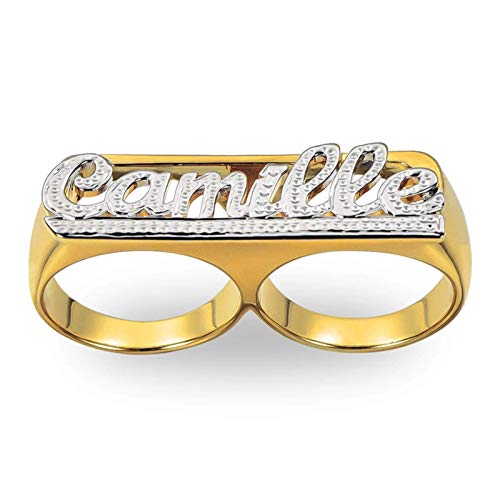 BlingSparkle Ring, Personalized Statement Name Ring with Initial, 18K Gold-Plated, Double Finger, for Women & Mens