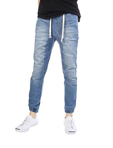 Allsense Men's Slim-Fit Twill Drop-Crotch Denim Jogger Pants, Light Indigo Blue, Medium