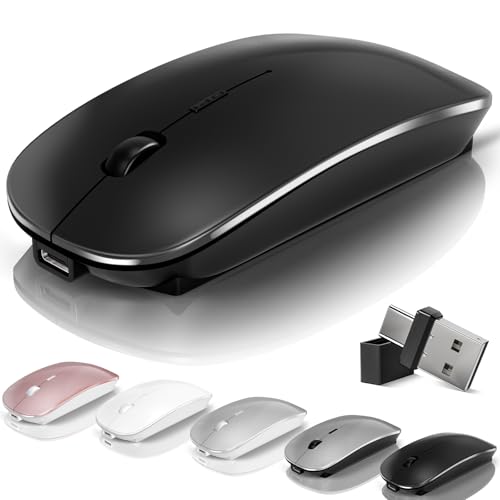 Kovess Mouse for Laptop Wireless Bluetooth - MacBook Air Mac Pro PC iPad Optical Rechargeable Silent Mouse with Jiggler Dual Mode Switch Bluetooth 5.2/3.0 and 2.4GHz USB-A and Type-C Receiver Black