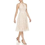 Eliza J Women's Midi Style Fit and Flare Sleeveless Halter Neck Lace Dress, Ivory