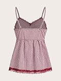 SOLY HUX Women's Plaid Contrast Lace Cami Tops Spaghetti Strap Y2k Camisole Tops Red and White Plaid Small