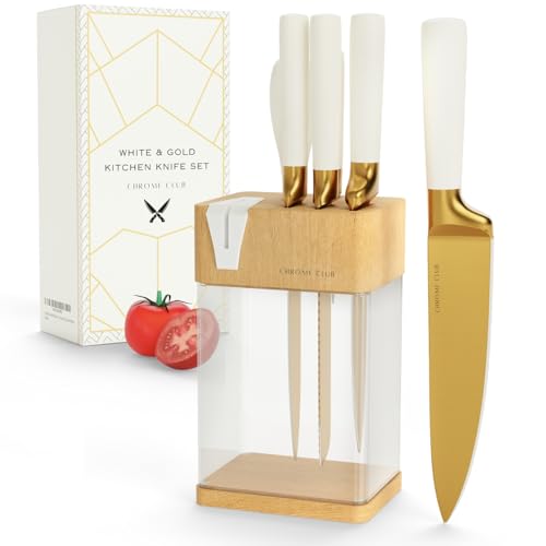 CHROME CLUB White and Gold Knife Set with Block - 7 Piece Gold Kitchen Knife Set with Sharpener - Vibrant White Knife Set with Kitchen Scissors and Wooden Block