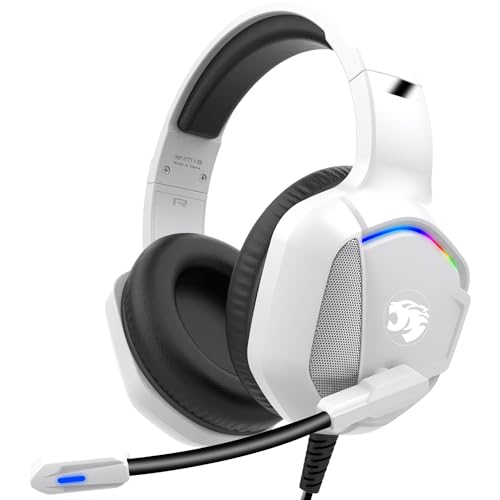 Gaming Headset with Microphone for Pc, Xbox One Series X/s, Ps4, Ps5, Switch, Stereo Wired Noise Cancelling Over-Ear Headphones with Mic, RGB, for Computer, Laptop, Mac, Nintendo, Gamer (White)