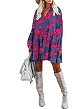 FANCYINN Womens Floral Shift Tunic Dress Long Sleeve Cover Up V Neck Ruffle Swing Chiffon Floral Prints Mini Dress Red Flower Pockets XL