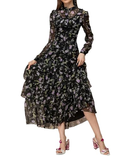 Women's Vintage Dress Long Sleeve High Waist Cascading Ruffle Splice Chiffon Dresses Mixed Color XL