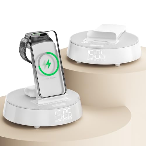 Alarm Clocks for Bedrooms with Wireless Charging Station, iPhone Charging Station with Dimmable Night Light Bluetooth Speaker, Wireless Charger for iPhone 16 15 14 13 Pro Max, Apple Watch, AirPods 3