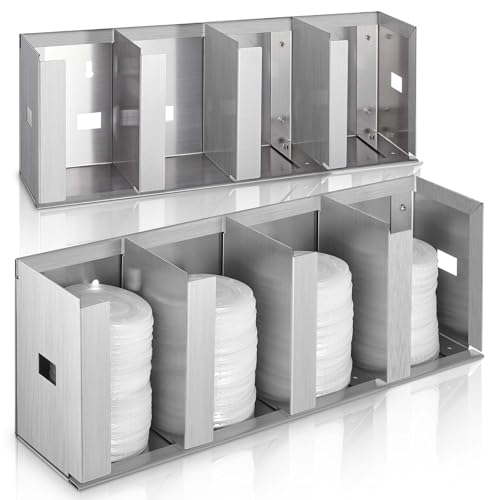 Hicarer 4 Compartments Stainless Steel Cup Dispenser with Adjustable Dividers Silver Cup and Lid Holder Lid Organizer Storage for Cabinet Kitchen Cafe Tea Shop Restaurant
