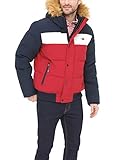 Tommy Hilfiger Men's Quilted Arctic Cloth Snorkel Bomber Jacket with Removable Hood (Standard and Big & Tall), Navy/White/Red, Medium