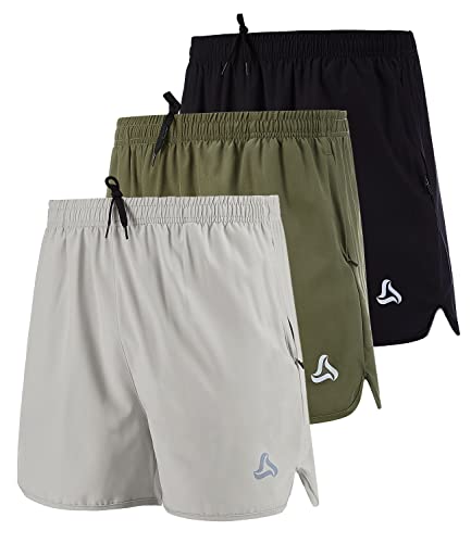 SILKWORLD Men's Running Stretch Quick Dry Shorts with Zipper Pockets(Pack of 3), Black, Army Green, Light Grey, Medium