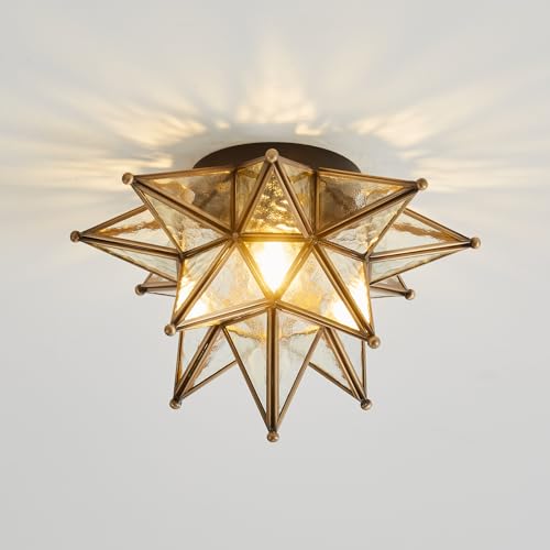 Moravian Brass Star Ceiling Light - 12.7 Inch Oil Rubbed Bronze Black Vintage Flush Mount Lighting Fixtures - Art Deco Moroccan Glass Fixture Lights for Hallway Kitchen Farmhouse Bedroom Entryway