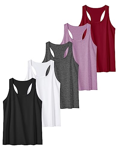 TELALEO 5 Pack Workout Tank Tops for Women, Athletic Racerback Sports Tank Top, Loose Sleeveless Dry Fit Shirts Black/Grey/White/Red/Purple L/02