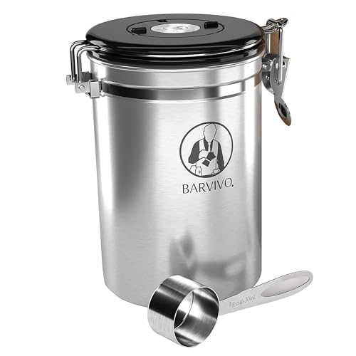 Barvivo Coffee Canister for Ground Coffee & Coffee Beans - Airtight Coffee Container with CO2-Release Valve, Date Tracker & Measuring Scoop - Coffee Accessories Ideal as Valentines Day Gifts - Silver