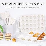 AOTASO 8 Pcs Silicone Muffin Pan Set, 12 Cup Regular and 24 Cup Mini Nonstick Muffin Tray with 6 Pcs Utensils, Silicone Muffin Pan for Baking with Metal Reinforced Frame BPA Free (8 Pcs, Cream)