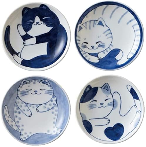 MINO WARE Japanese Small Plate Set Ceramic Cute Cats Design Appetizer Dessert Sushi Sauce Dishes, 3.94 x 0.8 Inches, Set of 4