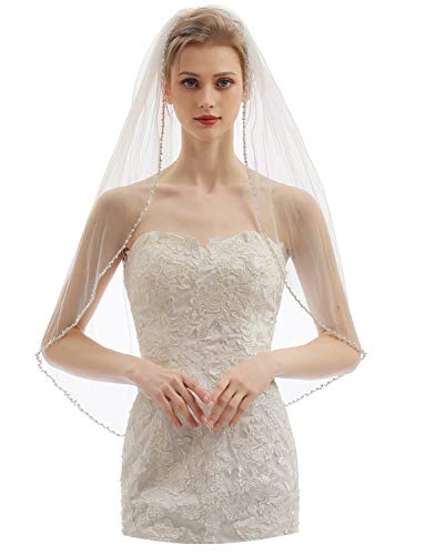 ELAWBTY Womens 1 Tier Fingertip Length Short Crystal Beaded Wedding Bridal Veil With Comb X09 Ivory