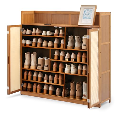 Athena Collection 45" Bamboo Shoe Storage Cabinet with Doors, 6-Tiers Shoe Rack Freestanding Shoe Organizer Shelf with Heightened Top Platform, for 25 Pairs Shoes Closet, Hallway, Entryway, Brown
