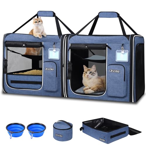 Petskd 2 in 1 Double Cat Car Travel Carrier with Litter Box, 38"x17"x18" Portable Dual Extra Large Cat Carrier for Multiple Cats with Zipper Locks for Moving Across The Country