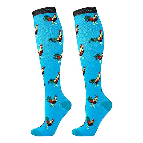 Junely Compression Socks for Women Chicken Rooster Knee High Stockings for Running Nurses Support Travel Pregnancy Gifts Blue