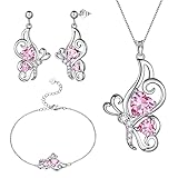 Pink Butterfly Heart Jewellery Sets Women 925 Sterling Silver Animal Butterflies October Created Tourmaline Birthstone Tourmaline Necklace/Earring/Bracelet Set Crystal Wedding Birthday Jewelry DS0100O