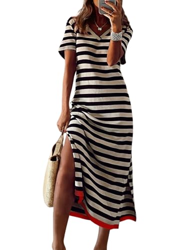 Dokotoo Maxi Dress Casual V-Neck Short Sleeve Striped Split Long Dress for Women Sun Dress Womens Dresses Spring Dresses for Women 2025 Black XX-Large