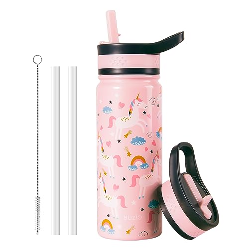 BUZIO 18oz Kids Water Bottle with 2 Tritan Straw Lid, Vacuum Insulated Hydro Bottle, Stainless Steel Wide Mouth Kids Tumbler, Double Wall Leak Proof Toddler Water Bottle for School