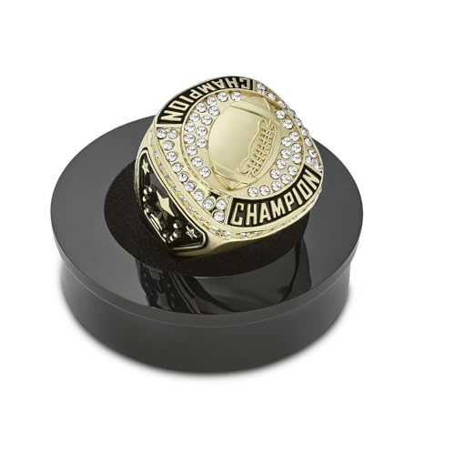 Express Medals Pack of 12 Gold Color Champion Football Ring Awards Gift Fantasy Prize with Display Neck Chain and Stand Championship Rings Ball
