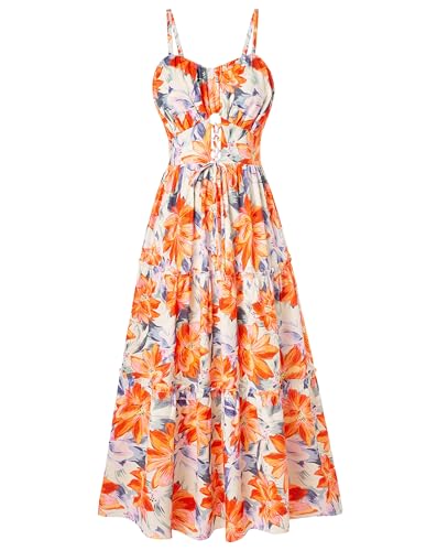 Summer Dresses for Women 2025 Vacation Floral Maxi Sundress Spaghetti Strap Flowy Ruffle Hem Long Dress