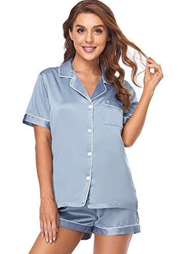 Serenedelicacy Women's Satin Pajama Set 2-Piece Sleepwear Loungewear Button Down Short Sleeve Silky PJ Set (Medium, Dusty Blue)